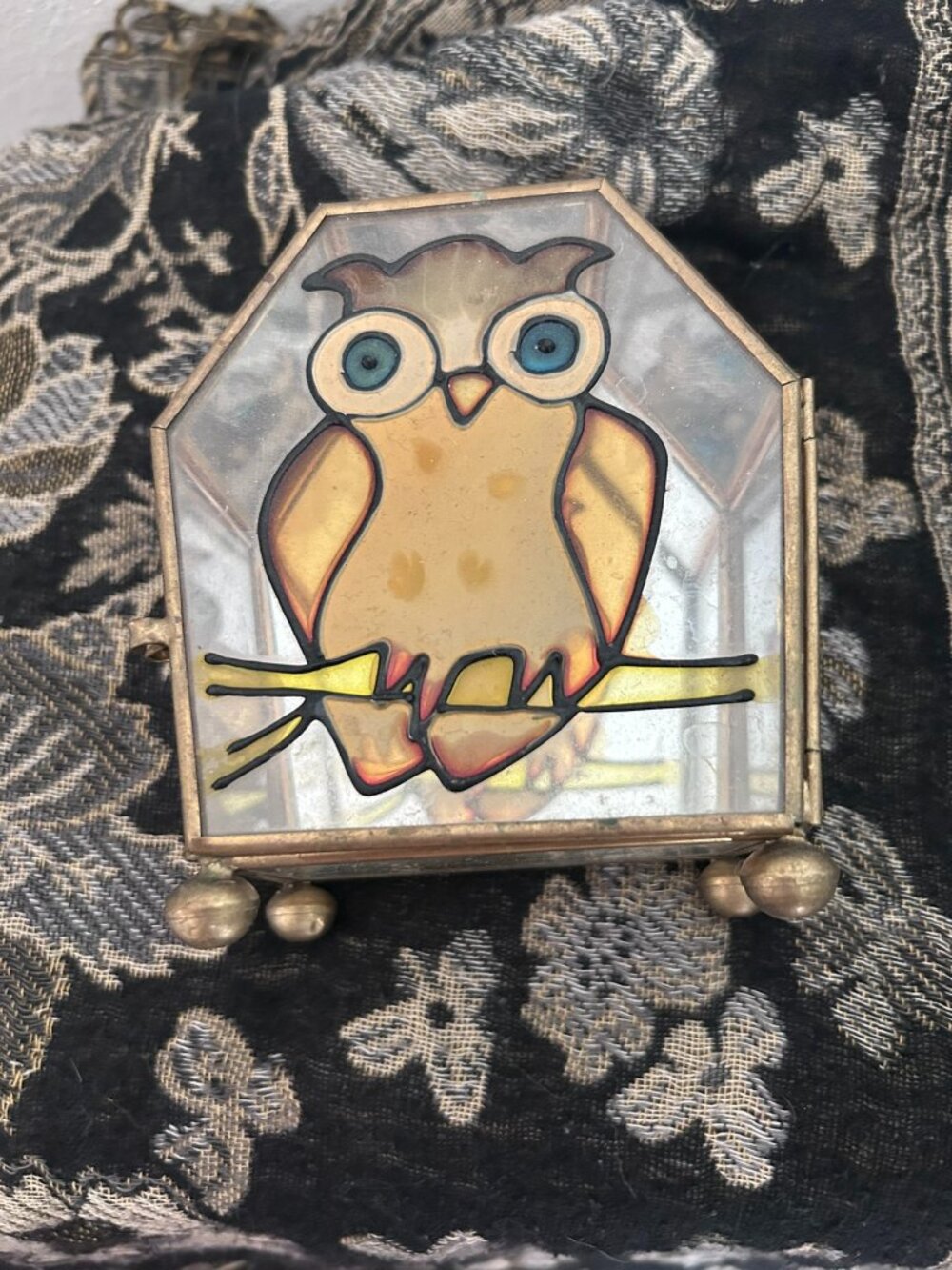 Vintage 1970s Interpur Owl Stained Glass Jewelry Trinket Box Mirrored MCM Taiwan